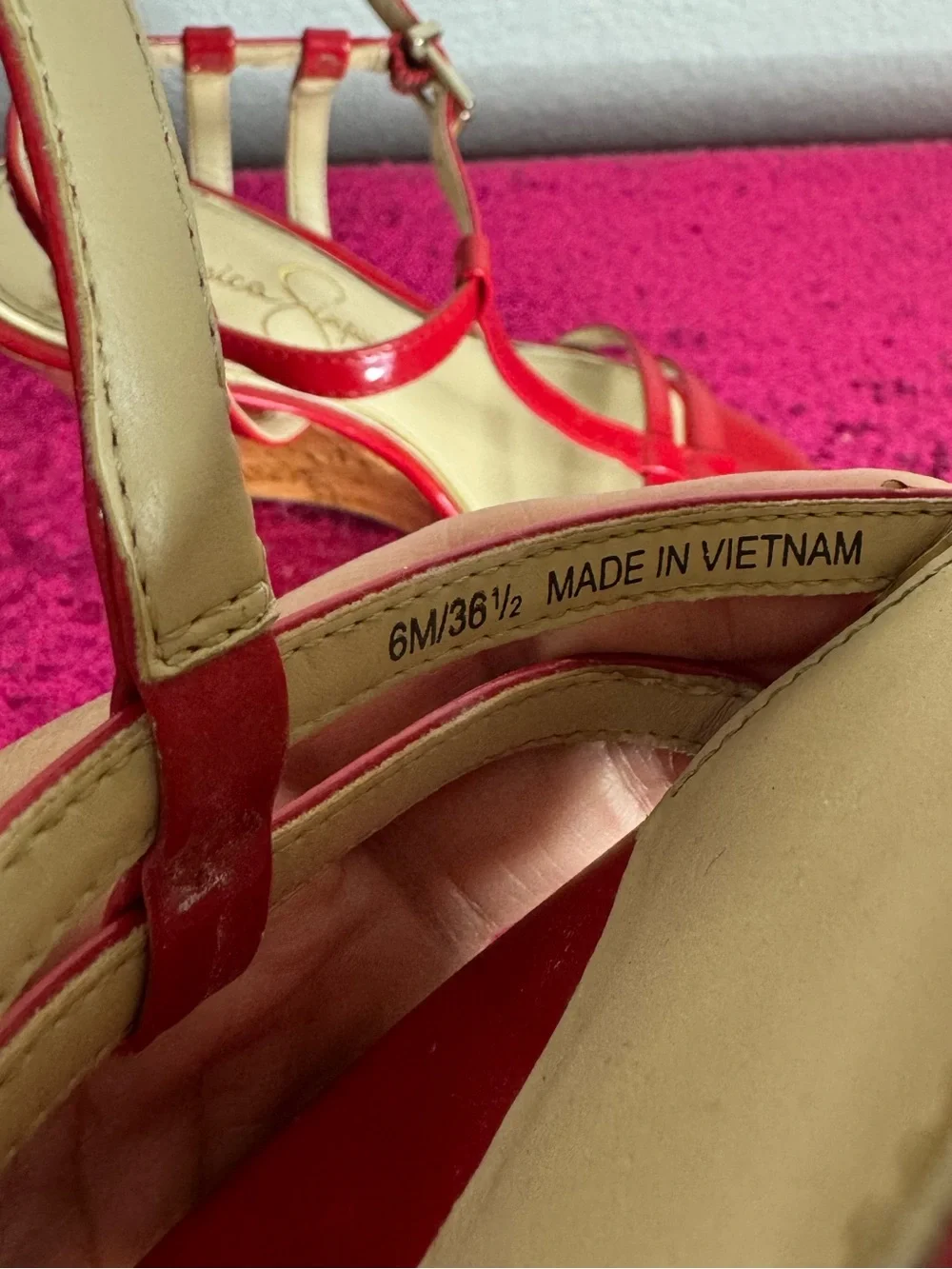 2/for $20 🪩 JESSICA SIMPSON Red Patent T-Strap Cork Wedge Sandals (Women’s 6)
